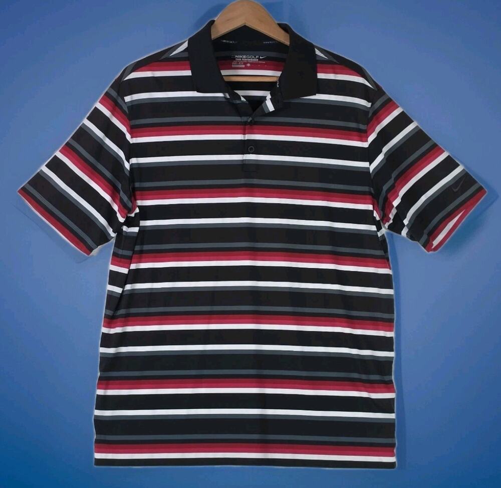 Nike Golf Dri Fit Men’s Large Shirt Tour Performance Polo Black Pink Grey Stripe